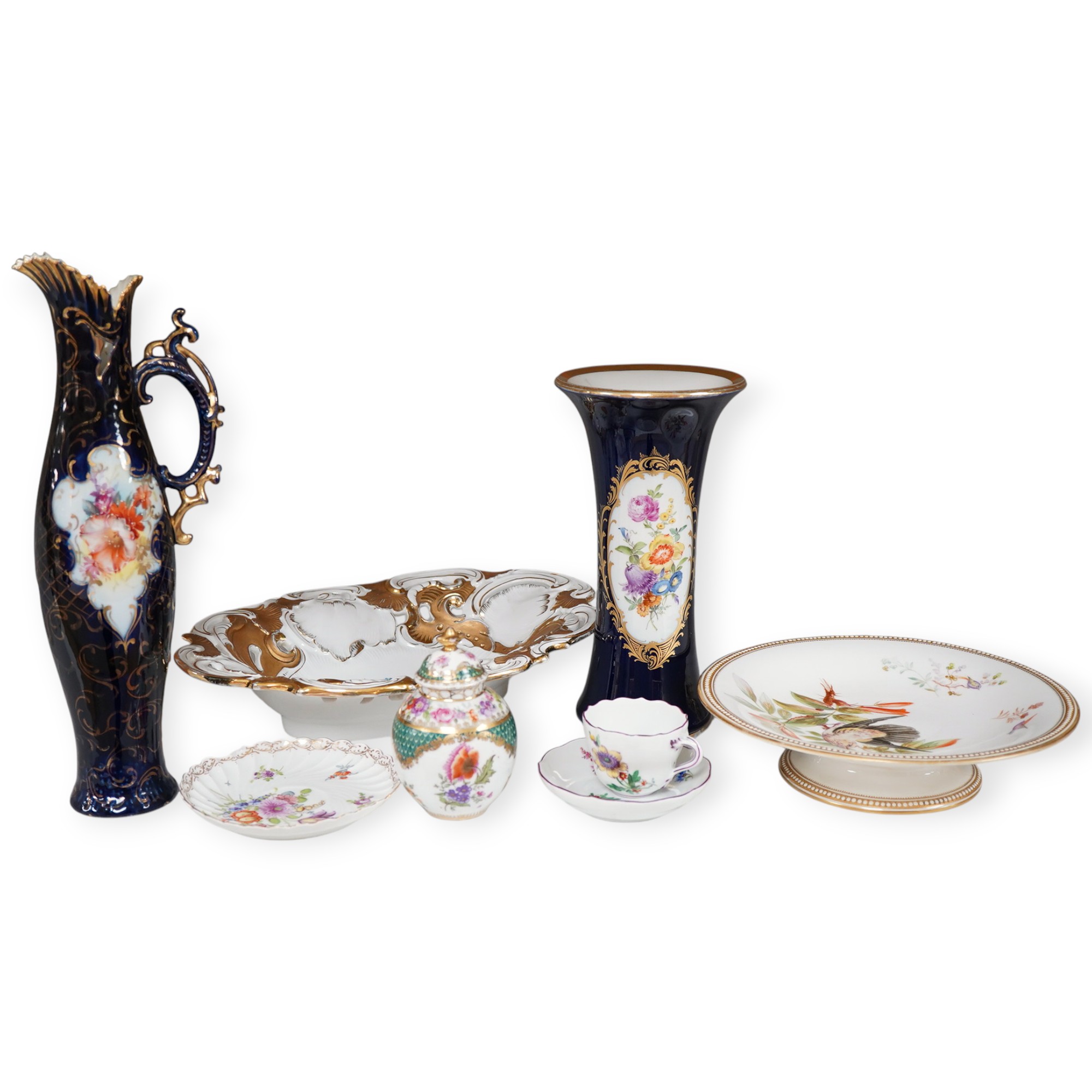 A collection of Meissen and other German porcelain vases and dishes etc. and a Worcester comport, tallest 34cm